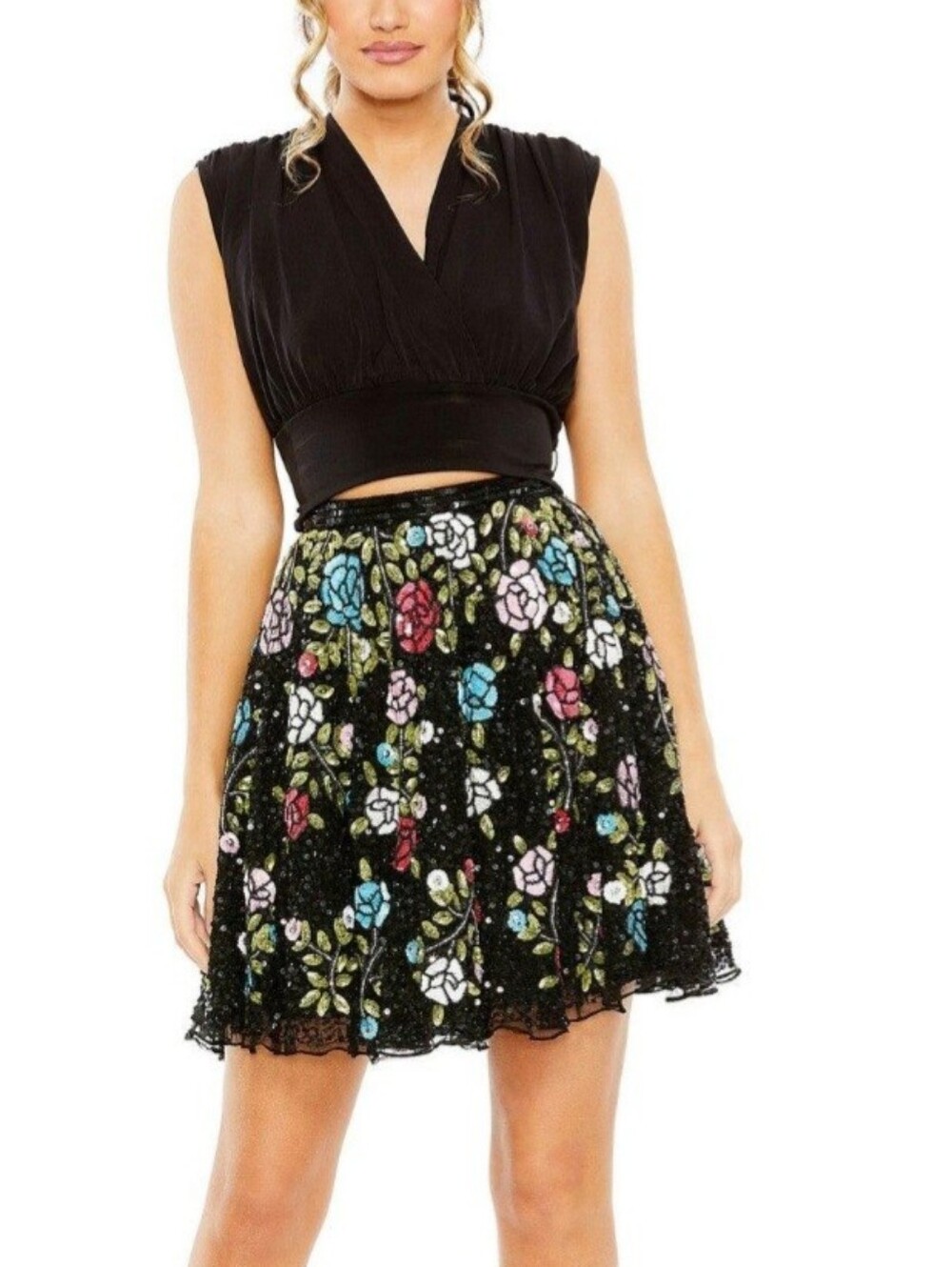 Mac Duggal Black Multi-color Sequin Floral Mini Skirt Size XL #R5705